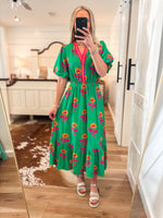Load image into Gallery viewer, On The Rise Kelly Green Floral Midi Dress
