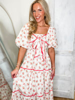 Load image into Gallery viewer, Waiting Here Coral Floral Bow Midi Dress
