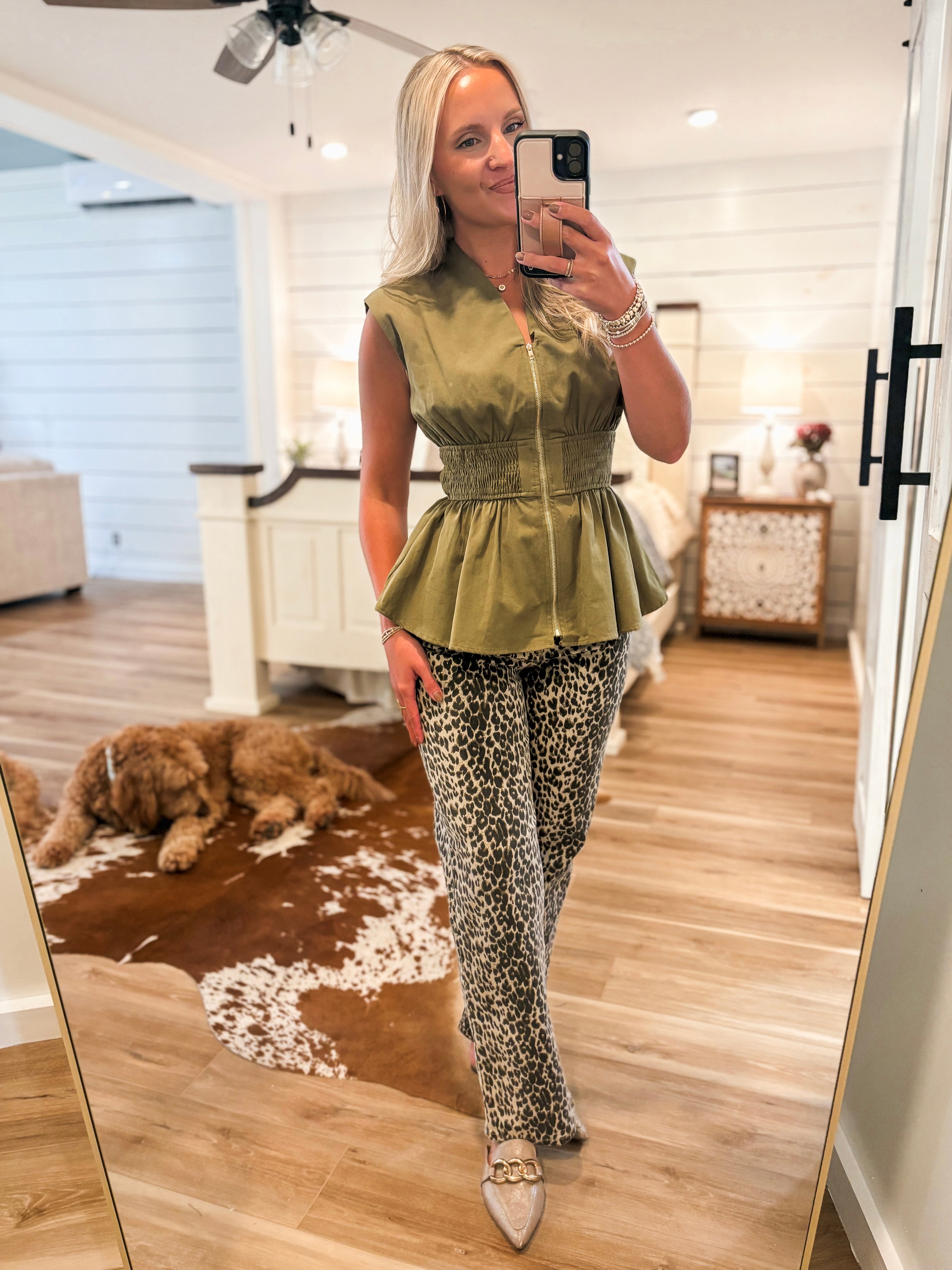 Same View Olive Zip Peplum Blouse