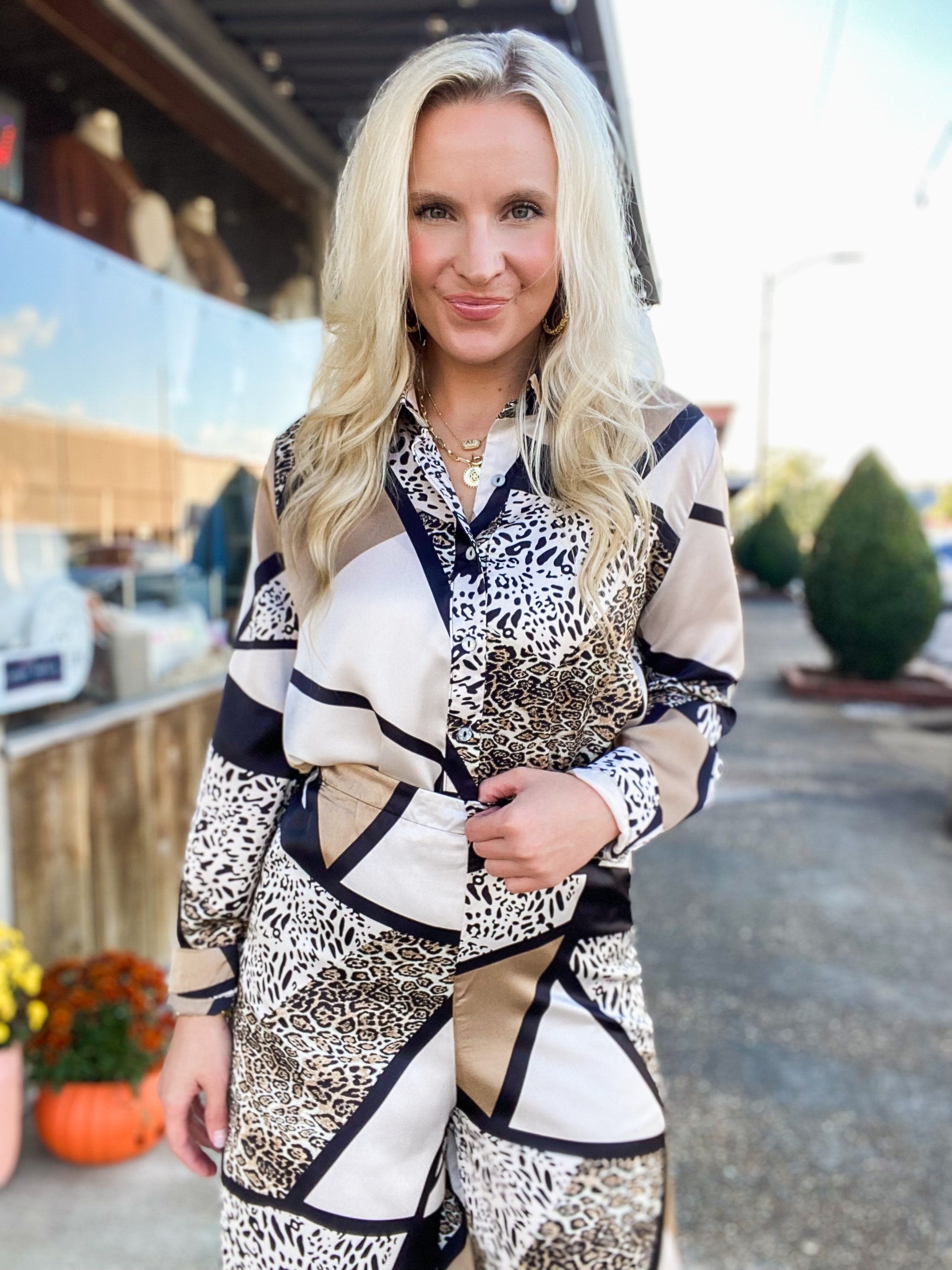 Just Living Leopard Neutral Abstract Button Down Blouse & Palazzo Pants Set