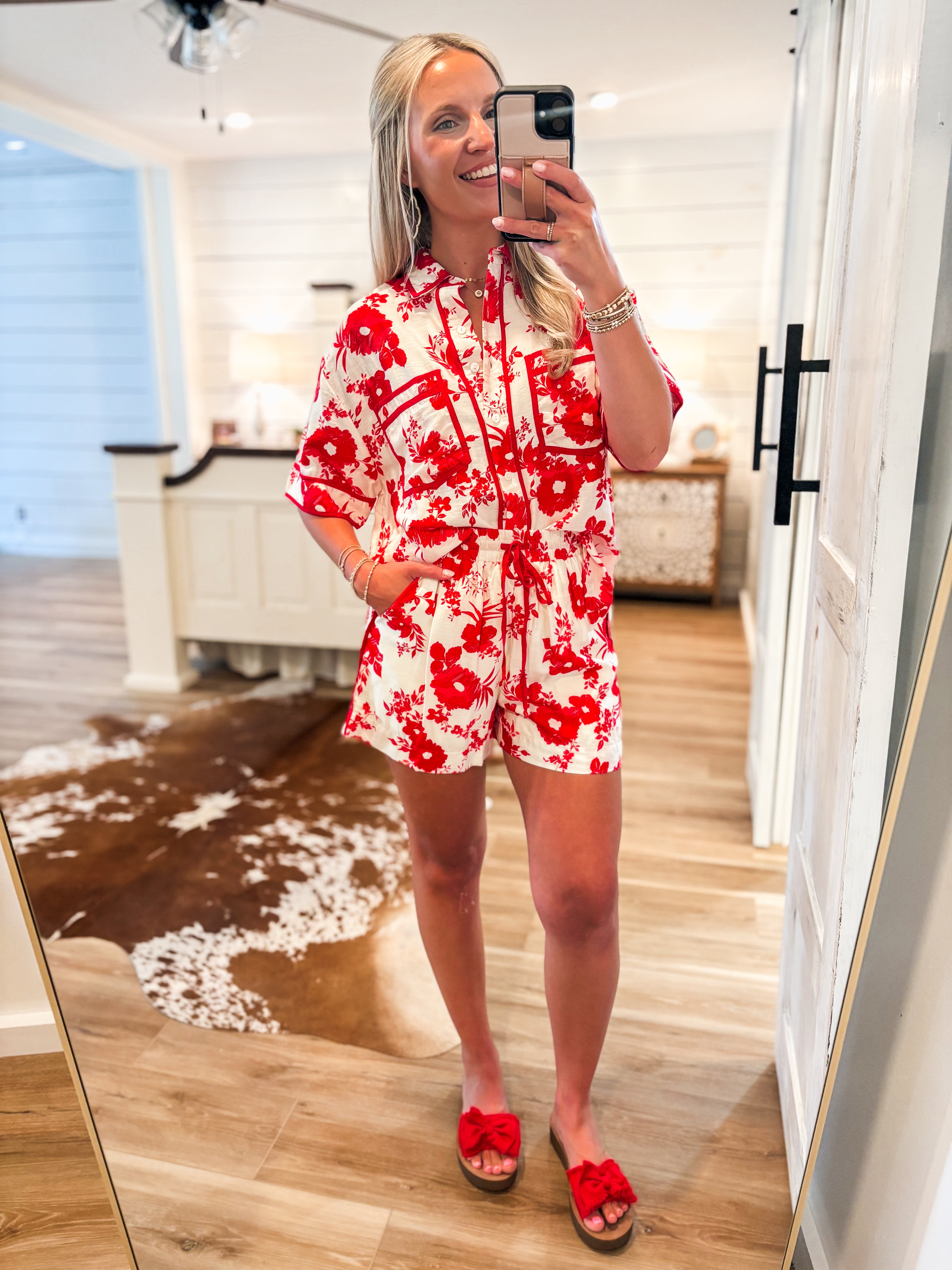 Exotic Adventure Red Floral S/S Button Down & Shorts Set
