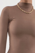 Load image into Gallery viewer, Our Purpose Seamless Mock Neck Mocha Long Sleeve Blouse
