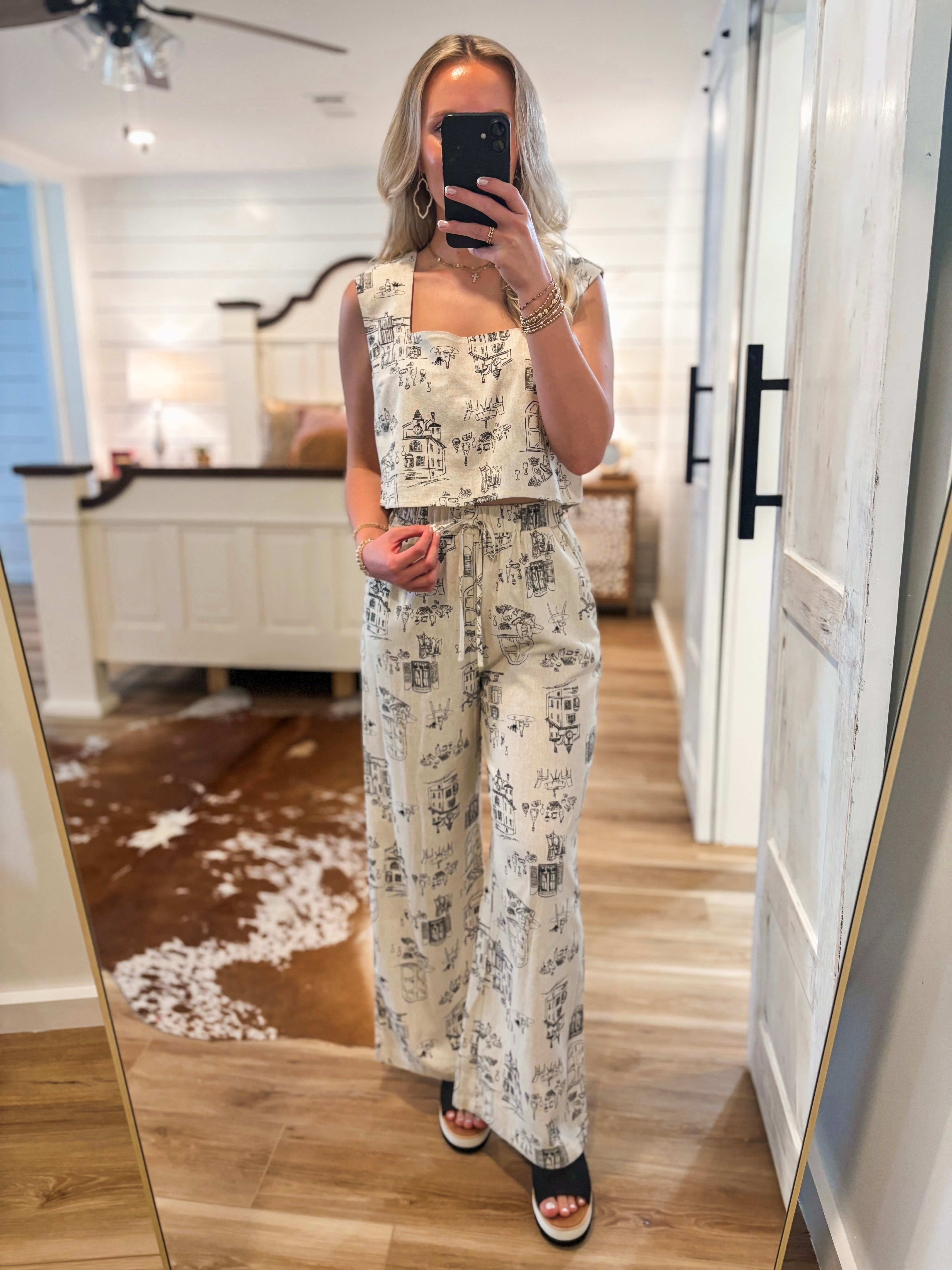 Set Sail Taupe & Black Printed Crop Top & Linen Pant Set