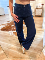 Load image into Gallery viewer, Navy Patch Pocket Wide Leg Just Black Denim
