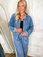 Load image into Gallery viewer, Step Forward Denim Zip Track Jacket
