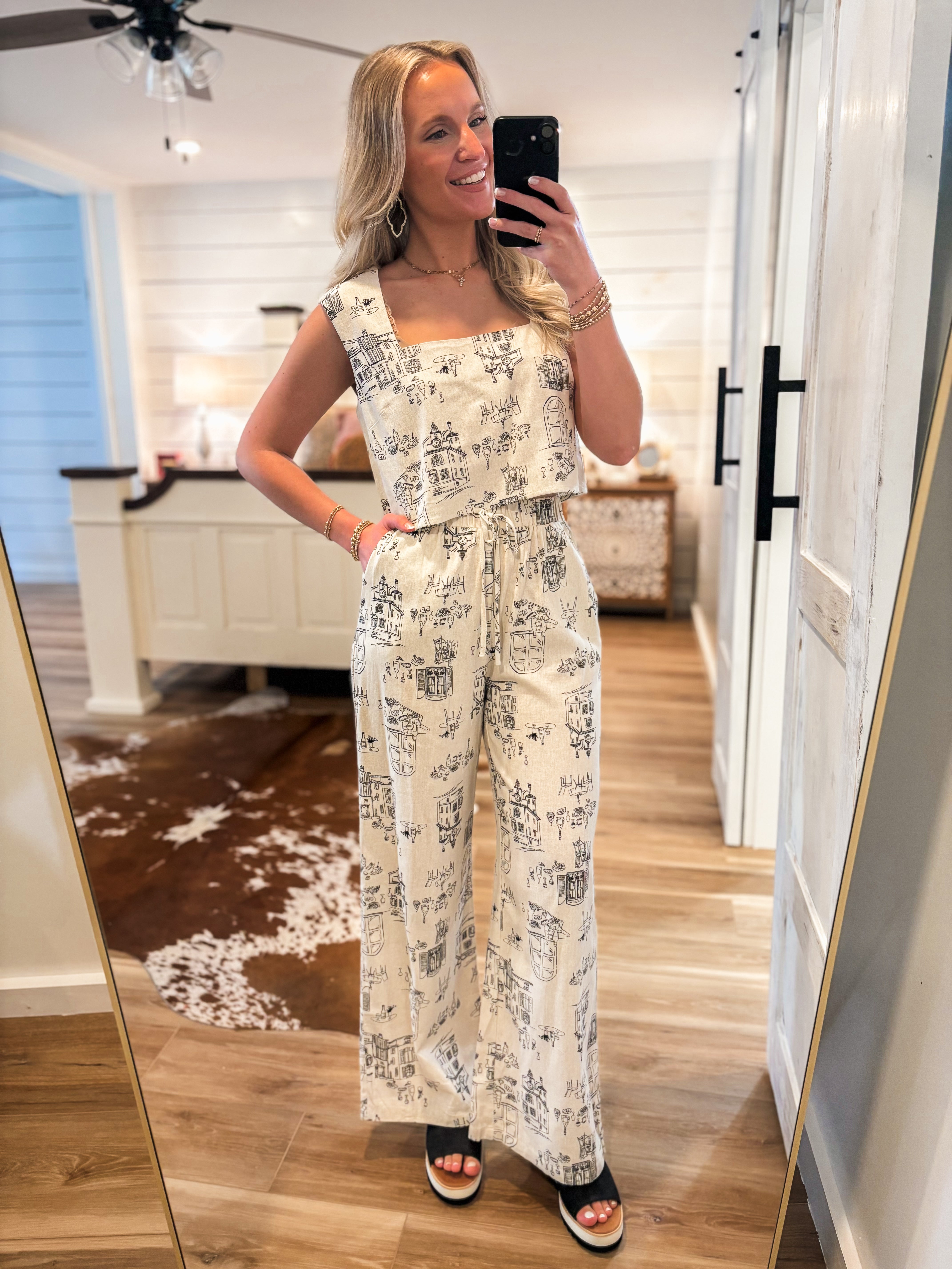 Set Sail Taupe & Black Printed Crop Top & Linen Pant Set