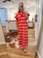 Load image into Gallery viewer, Out And About Red/Pink Stripe Polo Maxi Dress
