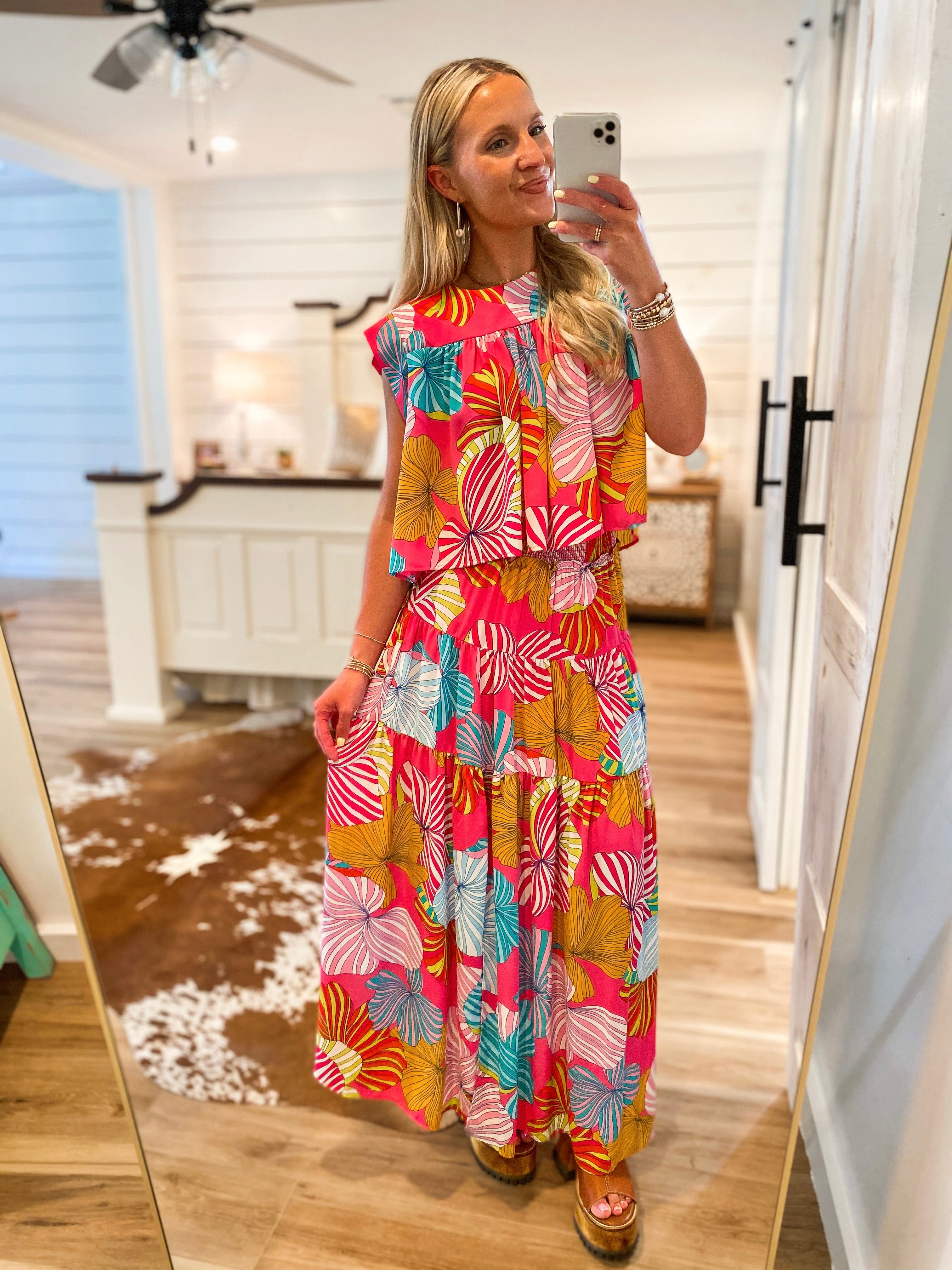 Dance With Me Pink Multi Floral ADRIENNE Top & Maxi Skirt Set