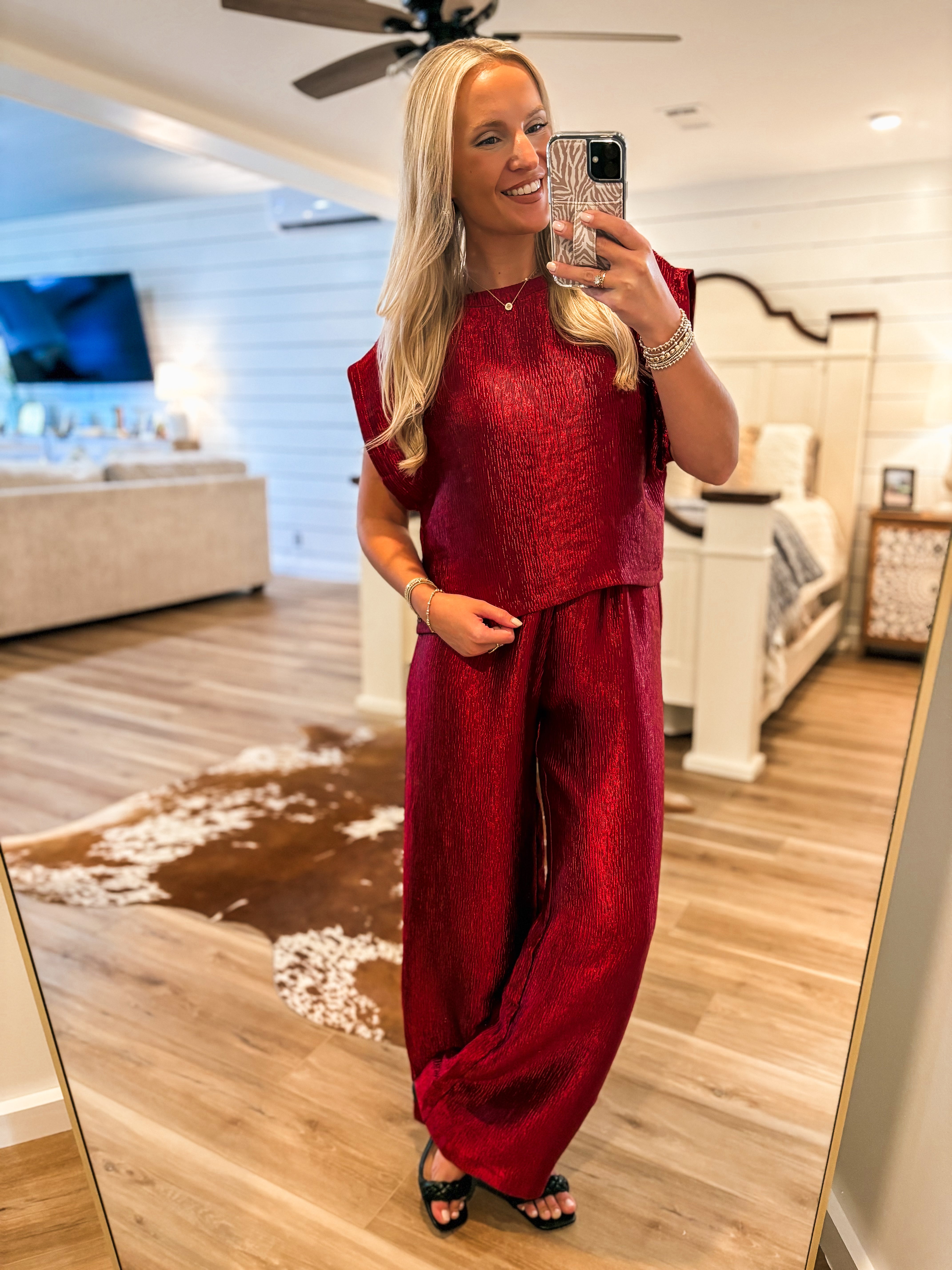 Next Stop Red Cropped Blouse & Palazzo Pant Set