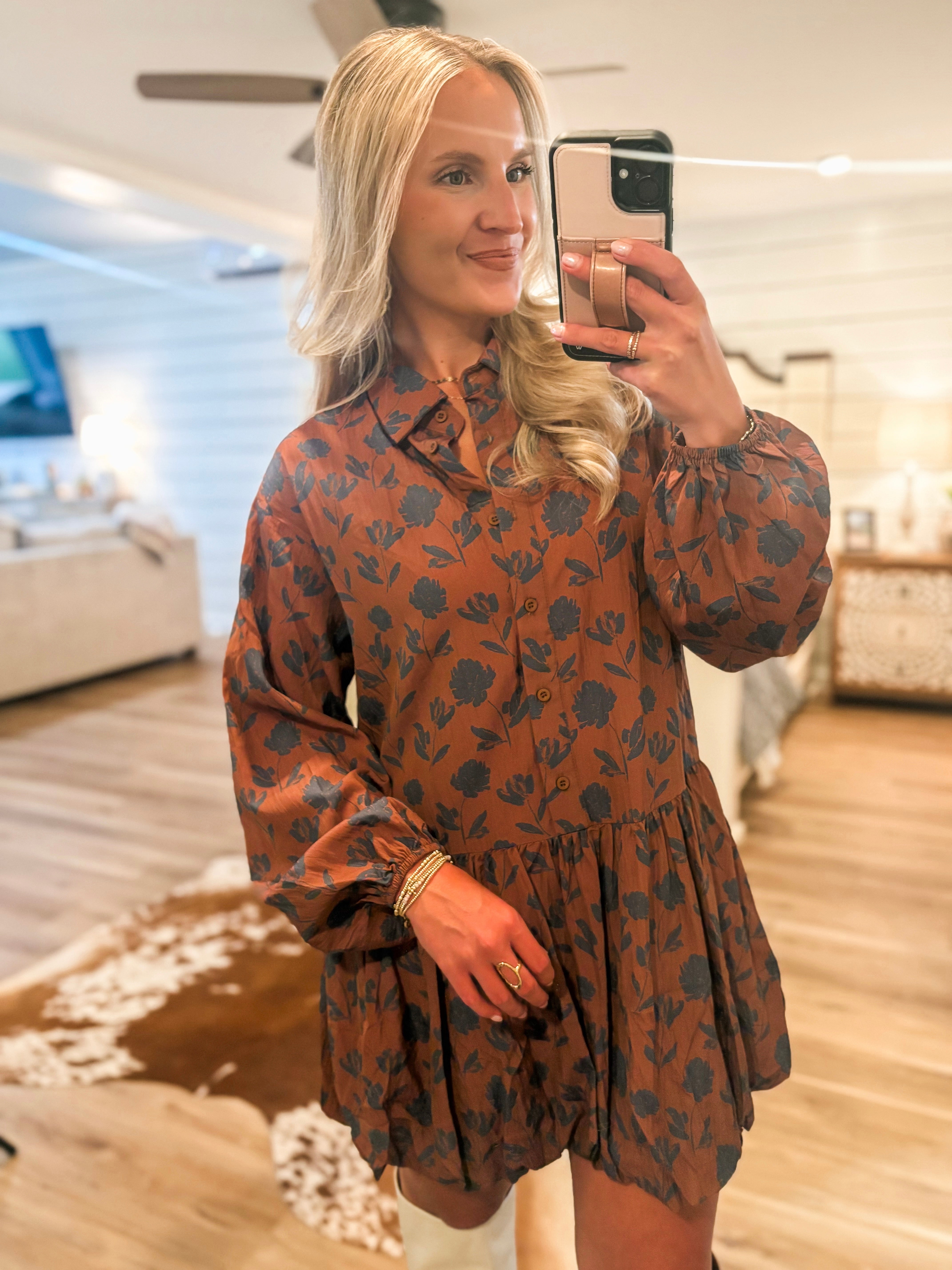 All For You Chestnut Floral Bubble Mini Dress
