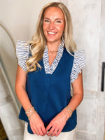 Load image into Gallery viewer, Lay It On Me Navy Contrast Blouse
