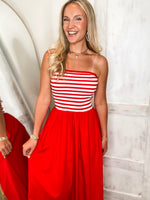 Load image into Gallery viewer, Midsummer Meeting Red Stripe Strapless Maxi Dress
