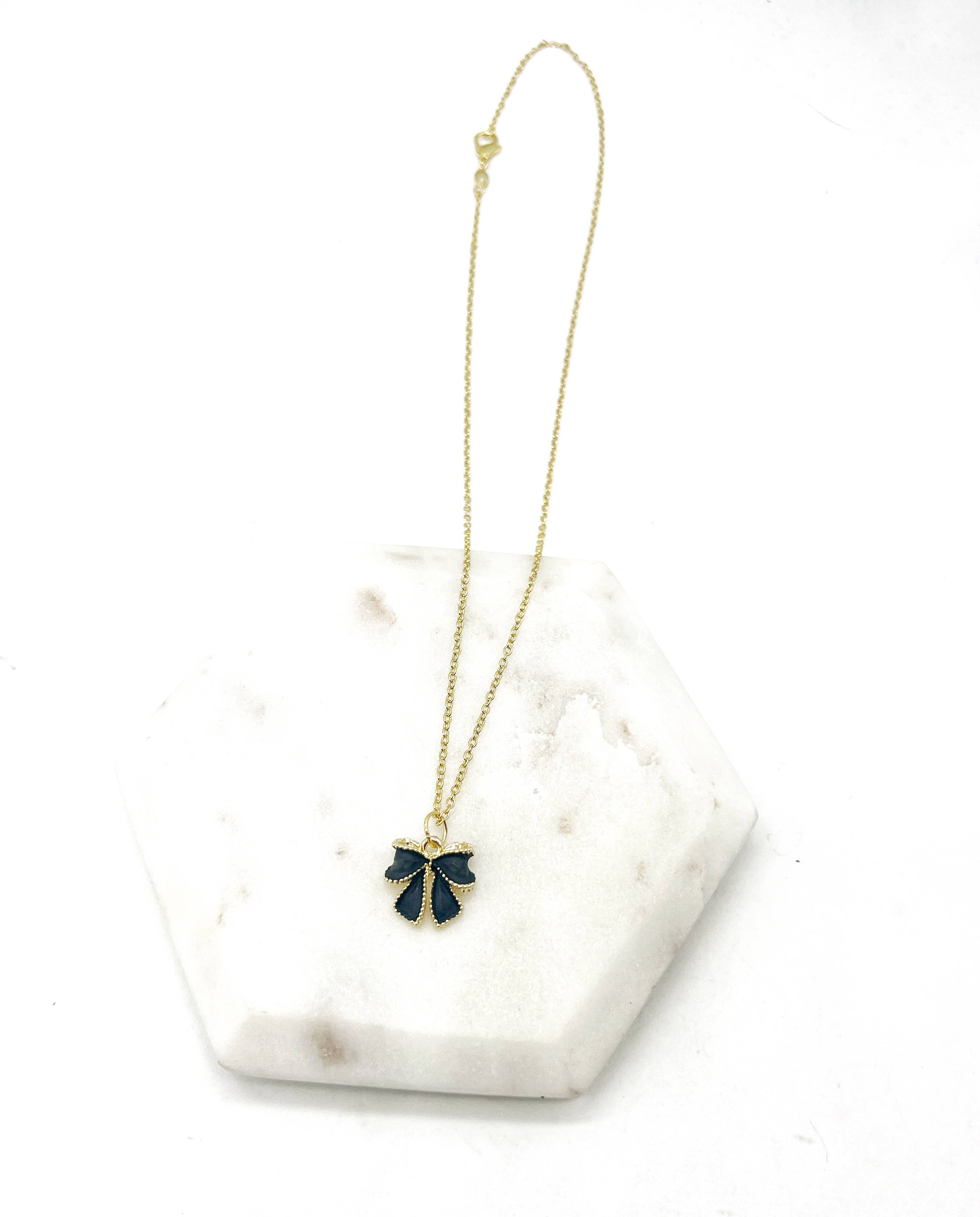 Black Bow Charm Necklace Gold Coquette Demure