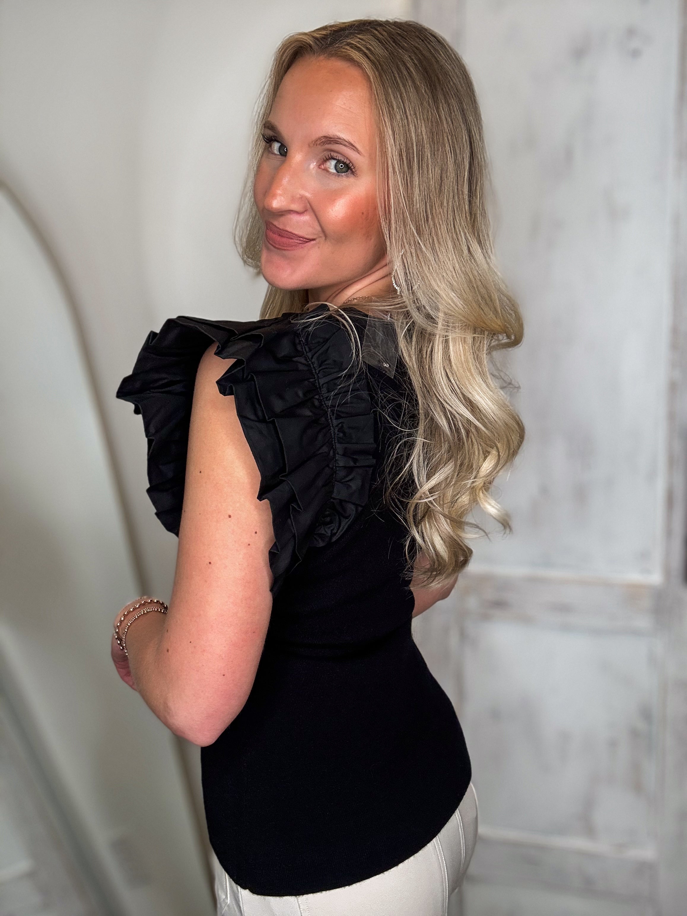 Next Move Black Flutter Sleeve Blouse