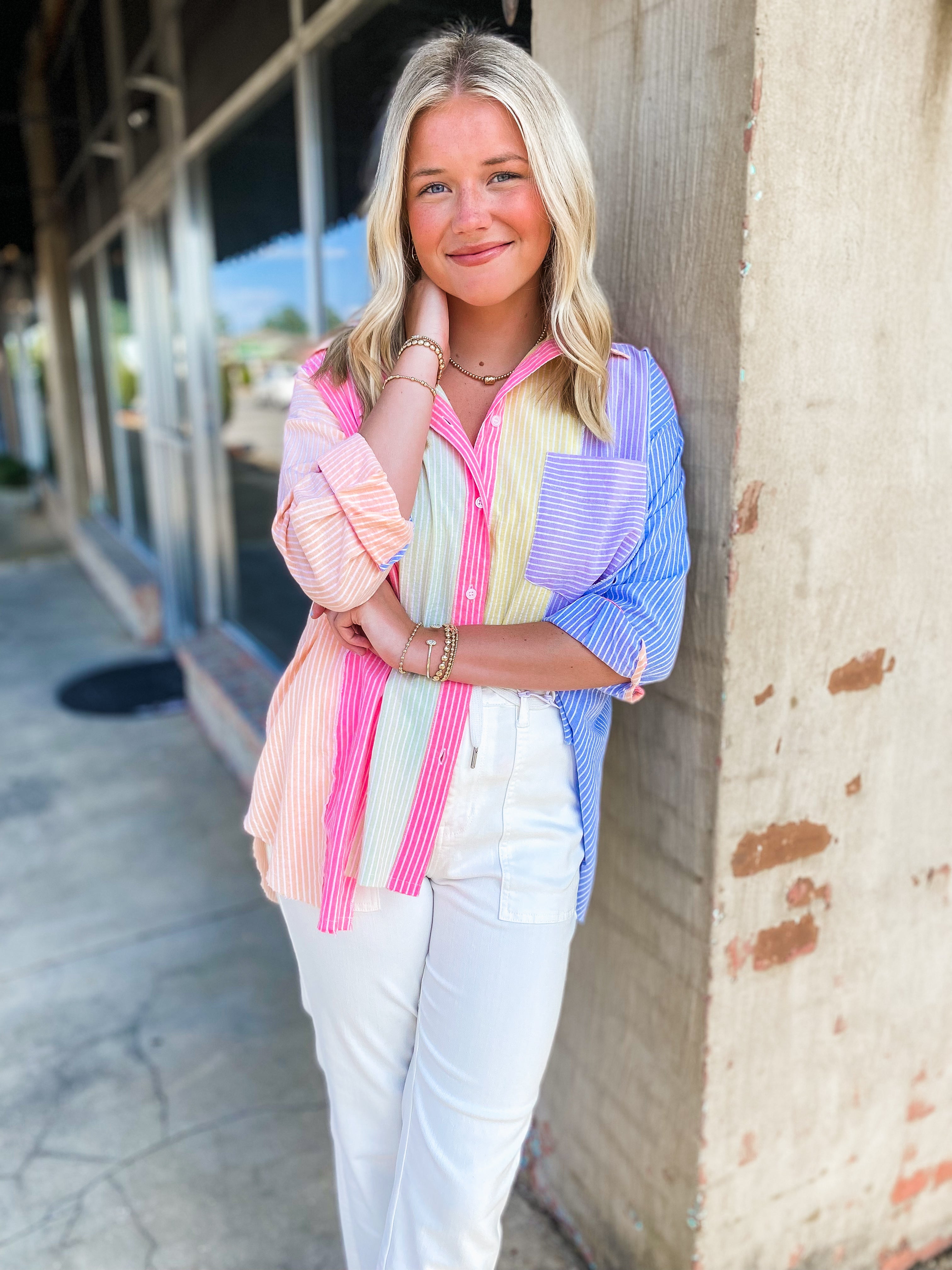 Sun Is Rising Pastel Striped Button Up Blouse