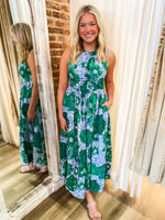 Load image into Gallery viewer, Never Too Much Green &amp; Periwinkle Floral Maxi Dress
