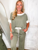 Load image into Gallery viewer, Destined To Be Olive &amp; Cream S/S Blouse &amp; Lounge Pant Set
