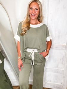 Destined To Be Olive & Cream S/S Blouse & Lounge Pant Set