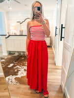 Load image into Gallery viewer, Midsummer Meeting Red Stripe Strapless Maxi Dress
