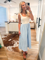 Load image into Gallery viewer, Above This Taupe &amp; Blue Pin Stripe Midi Dress
