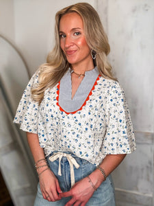 Better Side Ivory Floral Contrast Eyelet Blouse