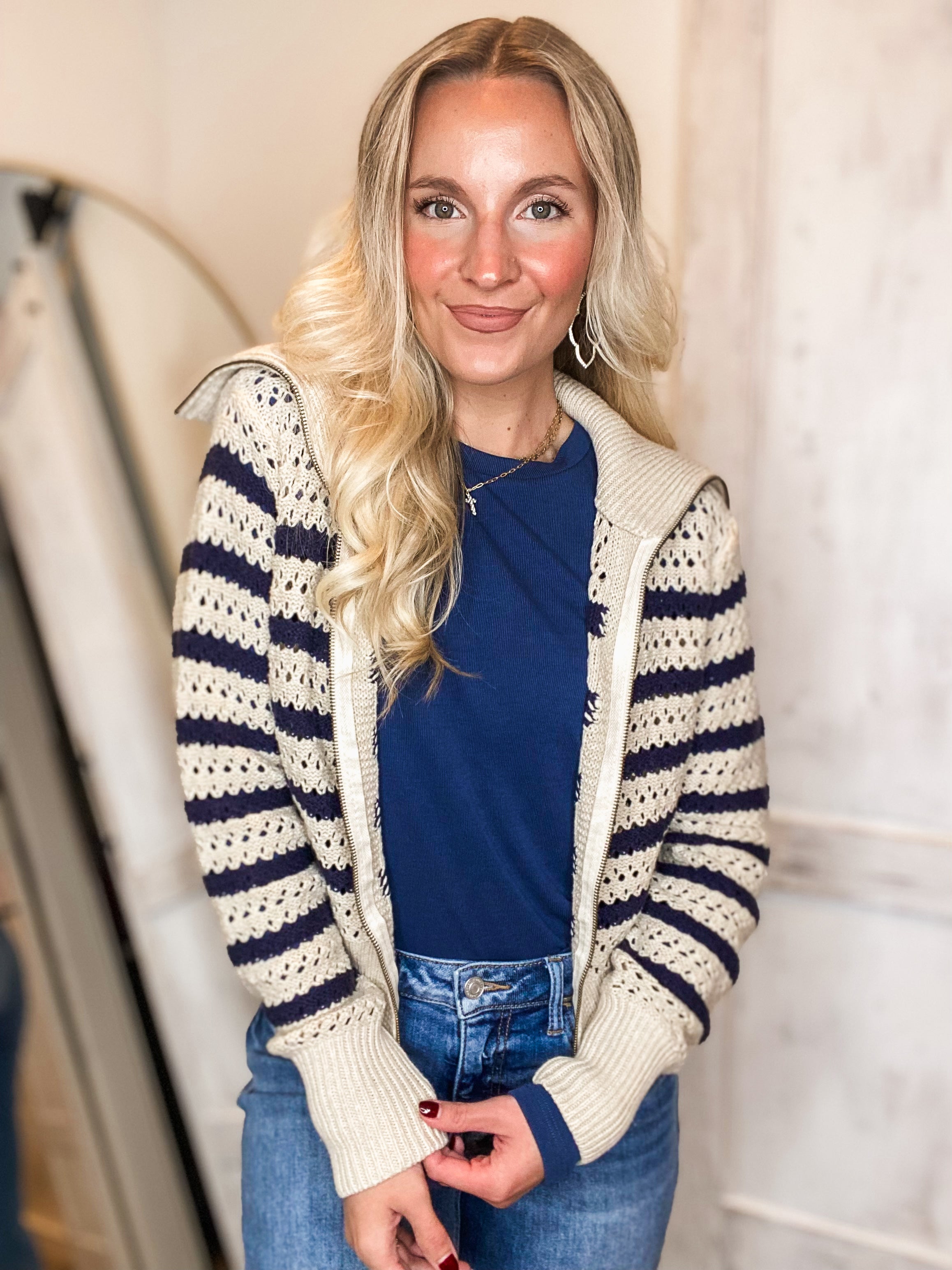 Bring It Oat & Navy Stripe Knit Jacket