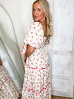 Load image into Gallery viewer, Waiting Here Coral Floral Bow Midi Dress
