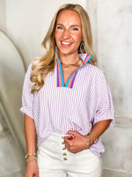 Load image into Gallery viewer, Loving Me Lavender Stripe Contrast Blouse
