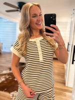 Load image into Gallery viewer, Everything To Me Black Striped Henley Tee &amp; Shorts Set
