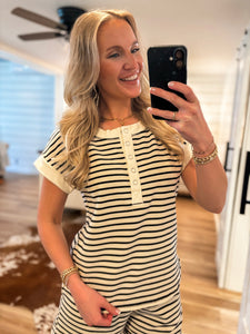 Everything To Me Black Striped Henley Tee & Shorts Set