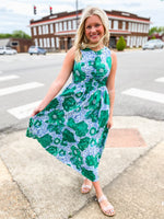 Load image into Gallery viewer, Never Too Much Green &amp; Periwinkle Floral Maxi Dress
