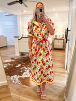 Load image into Gallery viewer, Walk In The Park Red/Yellow Floral Midi Dress
