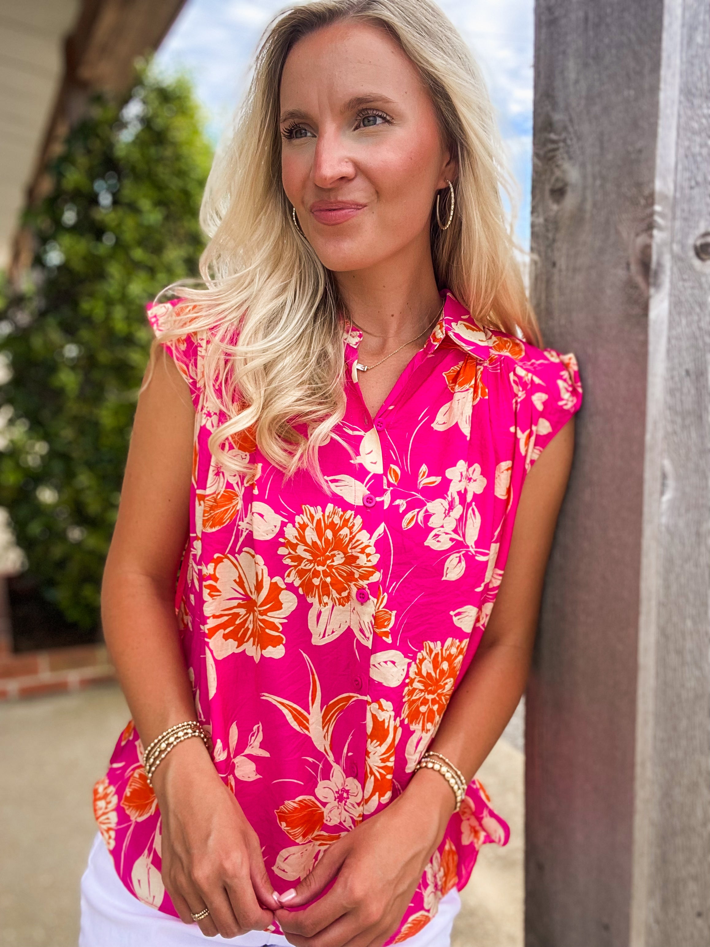 Rising Up Pink Floral Button Down Blouse