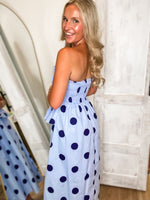Load image into Gallery viewer, Seat Taken Blue Polka Dot Strapless Midi Dress

