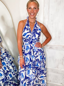 Weekend Bliss Royal Blue Floral Halter Maxi Dress
