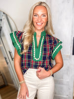 Load image into Gallery viewer, Holiday Dream Navy Plaid Contrast Blouse
