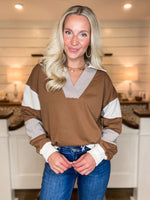 Load image into Gallery viewer, Time To Chill Mocha Color Block French Terry Pullover
