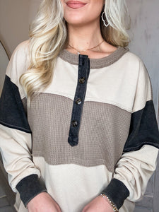 Never Misses Mocha Color Block Henley Top