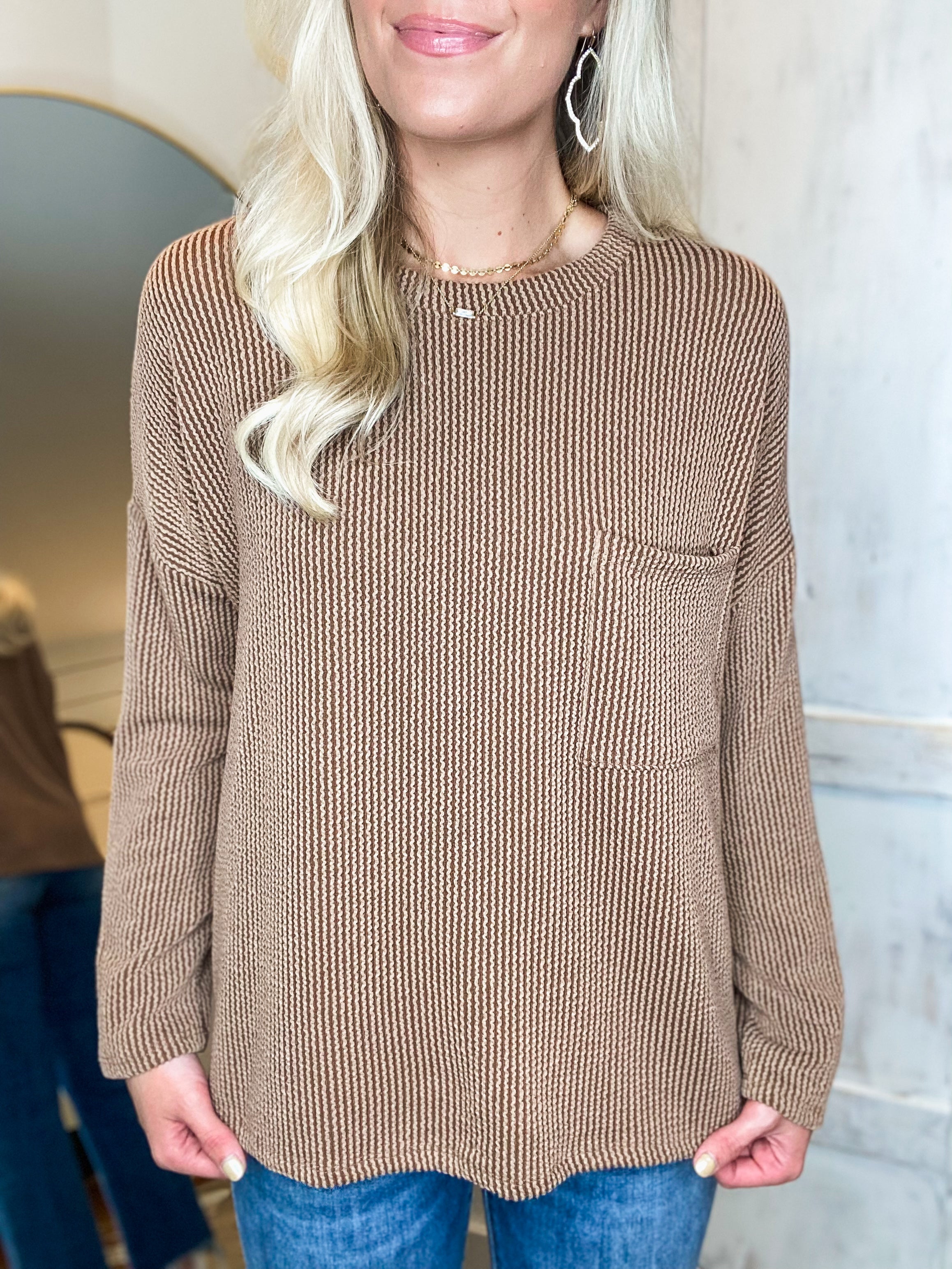 Best Of It Mocha Ribbed L/S Blouse