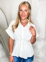 Load image into Gallery viewer, Next Time White Peplum Button Down Blouse
