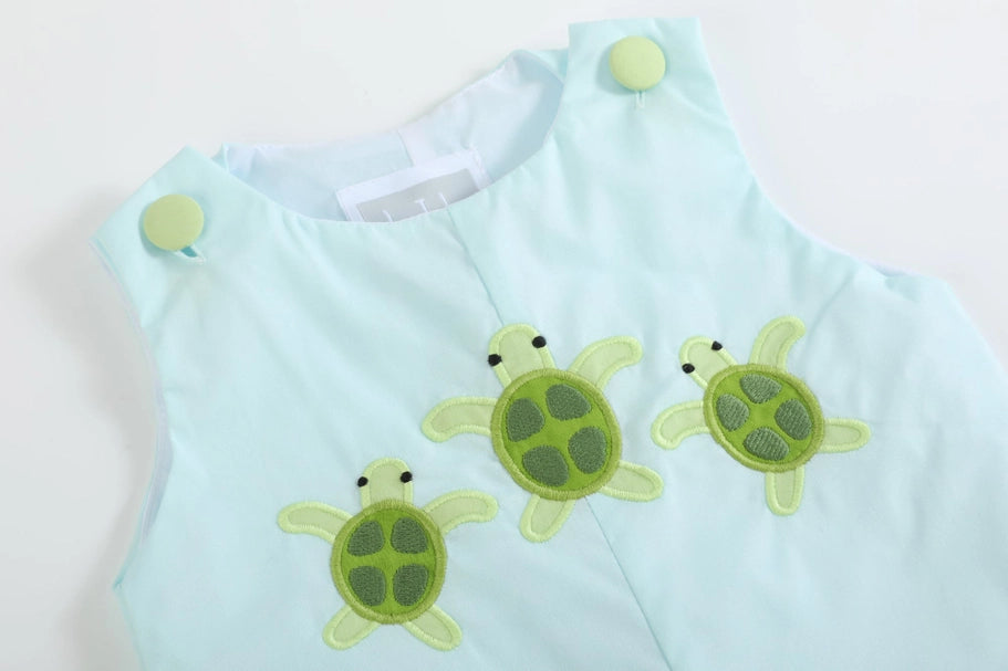 Lil Cactus Blue Baby Turtles Applique Shortall