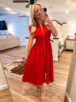 Load image into Gallery viewer, About Time Red Front Zip Midi Dress

