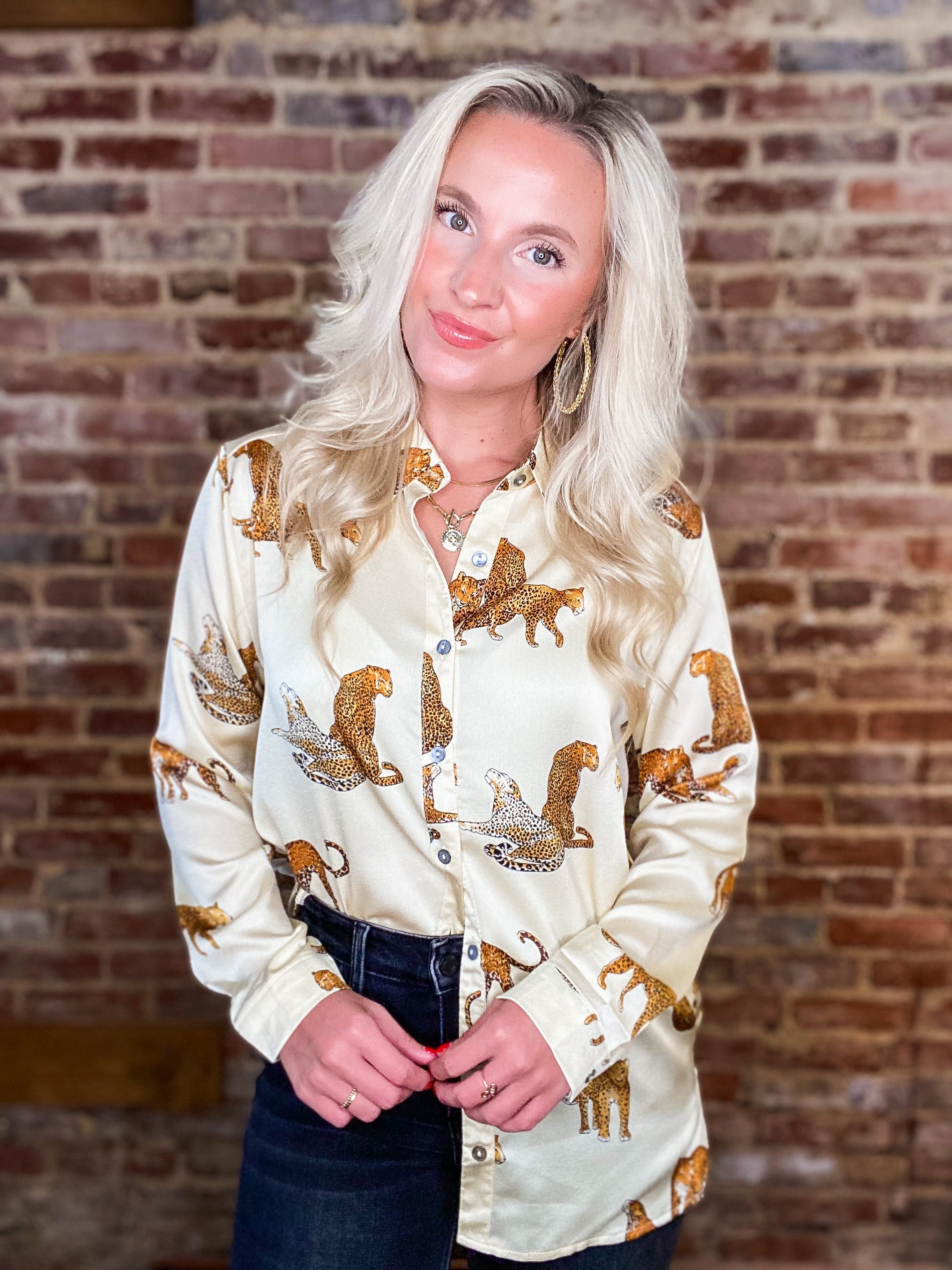 Never Leave Ivory Graphic Leopard Button Down Blouse