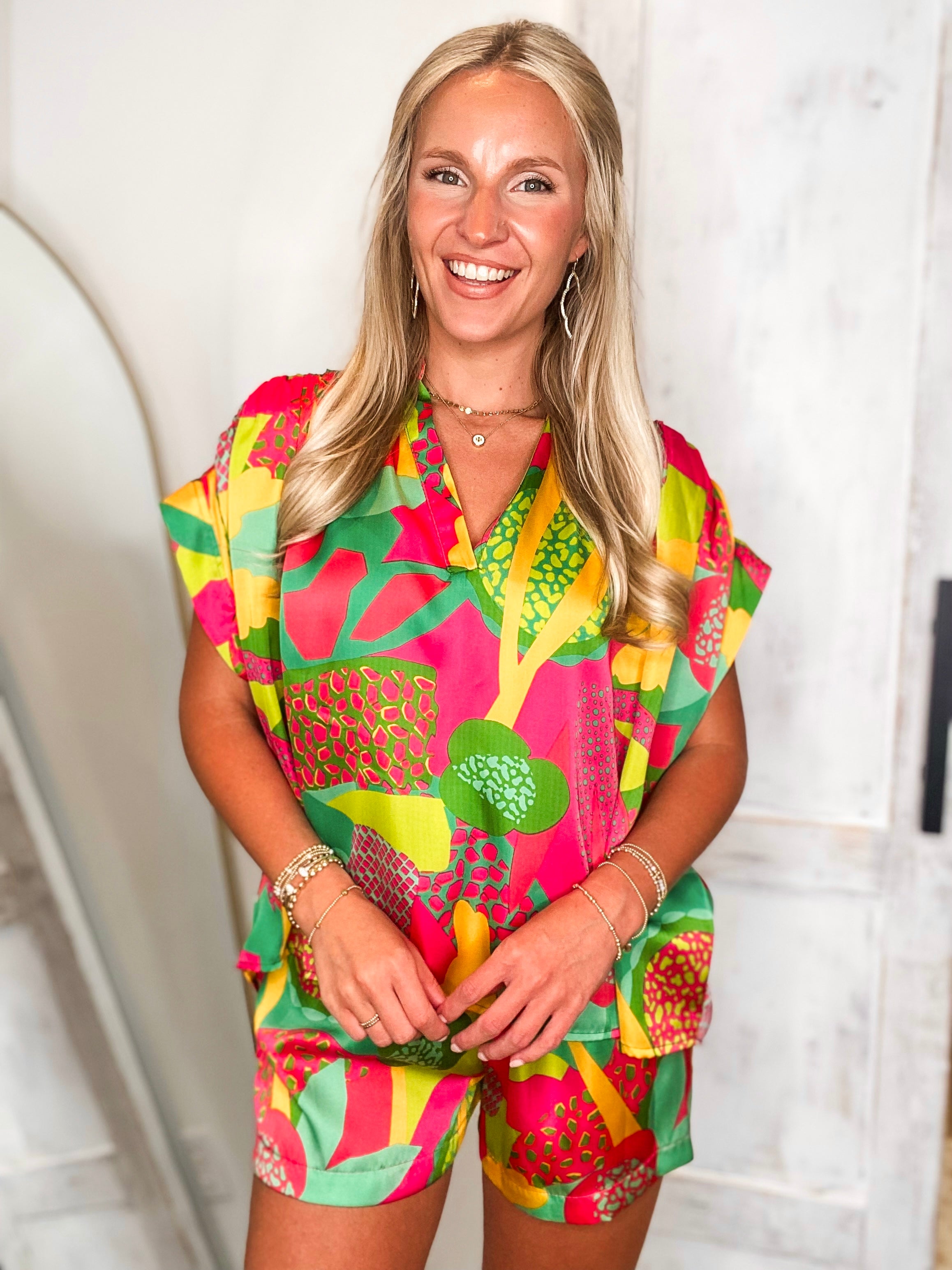 Tropical Punch Kelly Green Printed ADRIENNE Blouse & Shorts Set