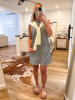 Load image into Gallery viewer, Taking A Stroll Navy Stripe Luxe Mini Dress
