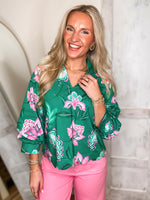 Load image into Gallery viewer, Still Dreaming Kelly Green/Pink Floral Blouse
