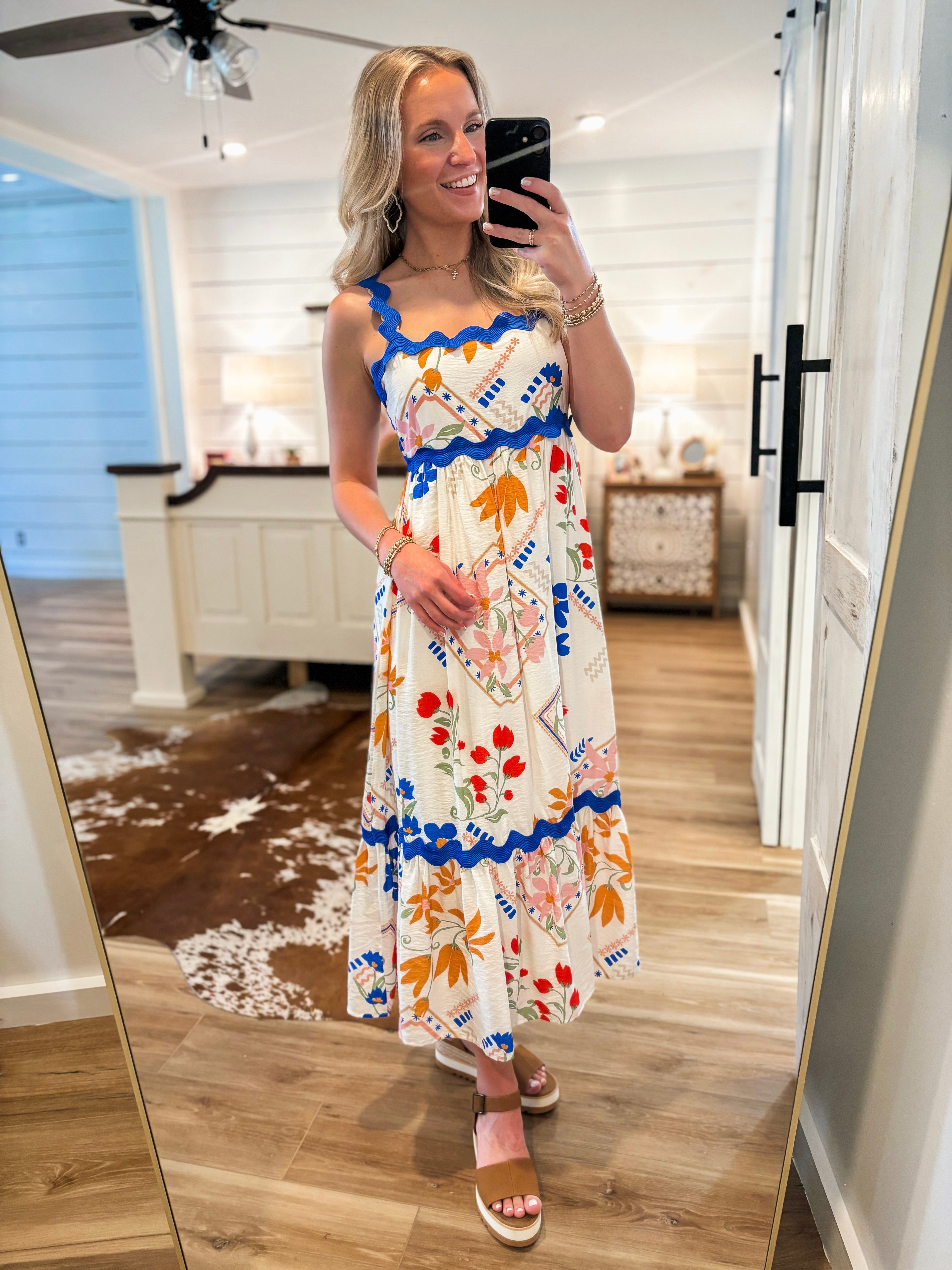 European Summer White Printed Midi Dress