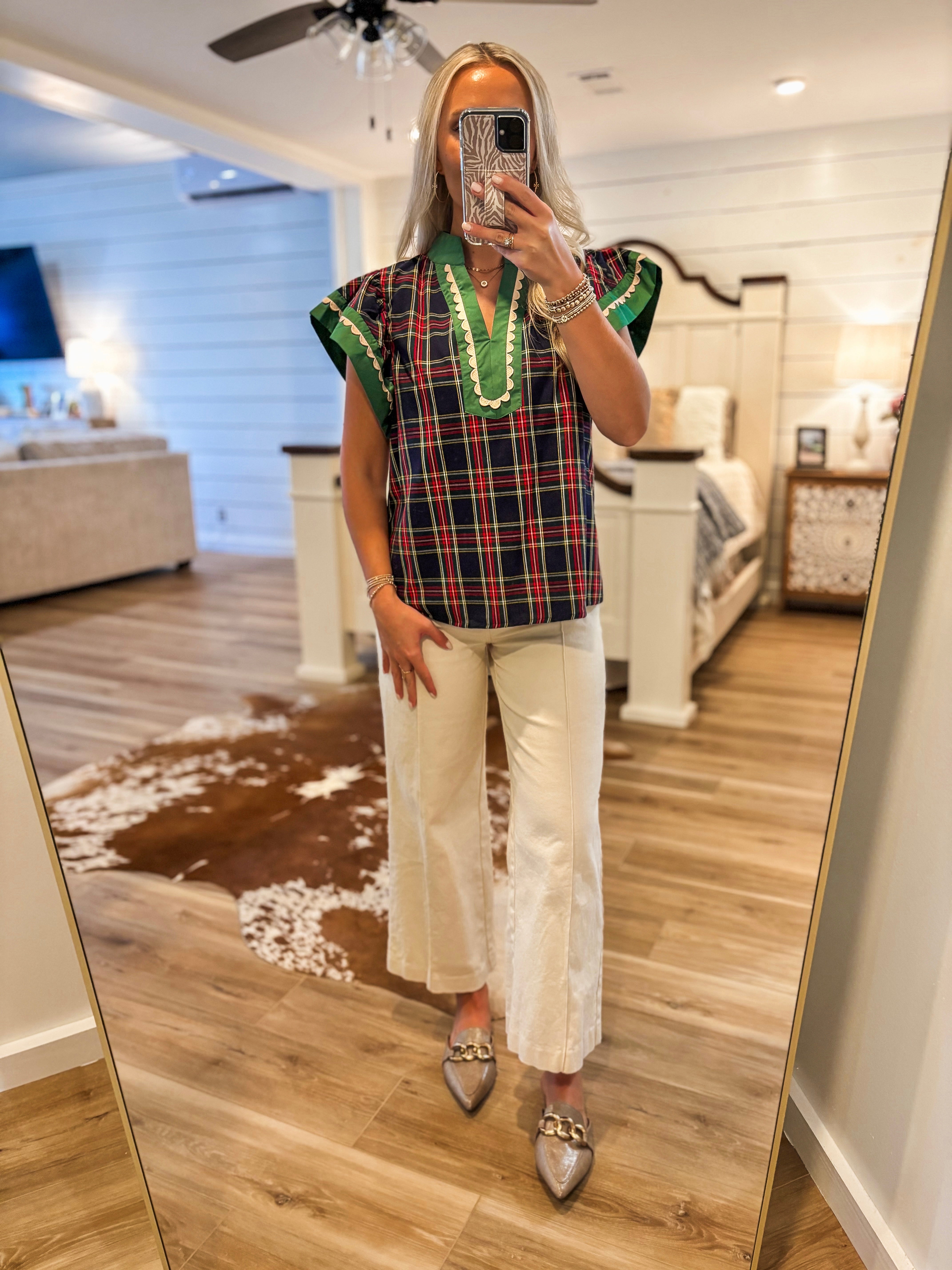 Holiday Dream Navy Plaid Contrast Blouse