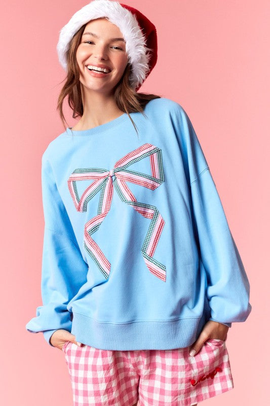 Gingham Bow Detail Sweatshirt - Light Blue