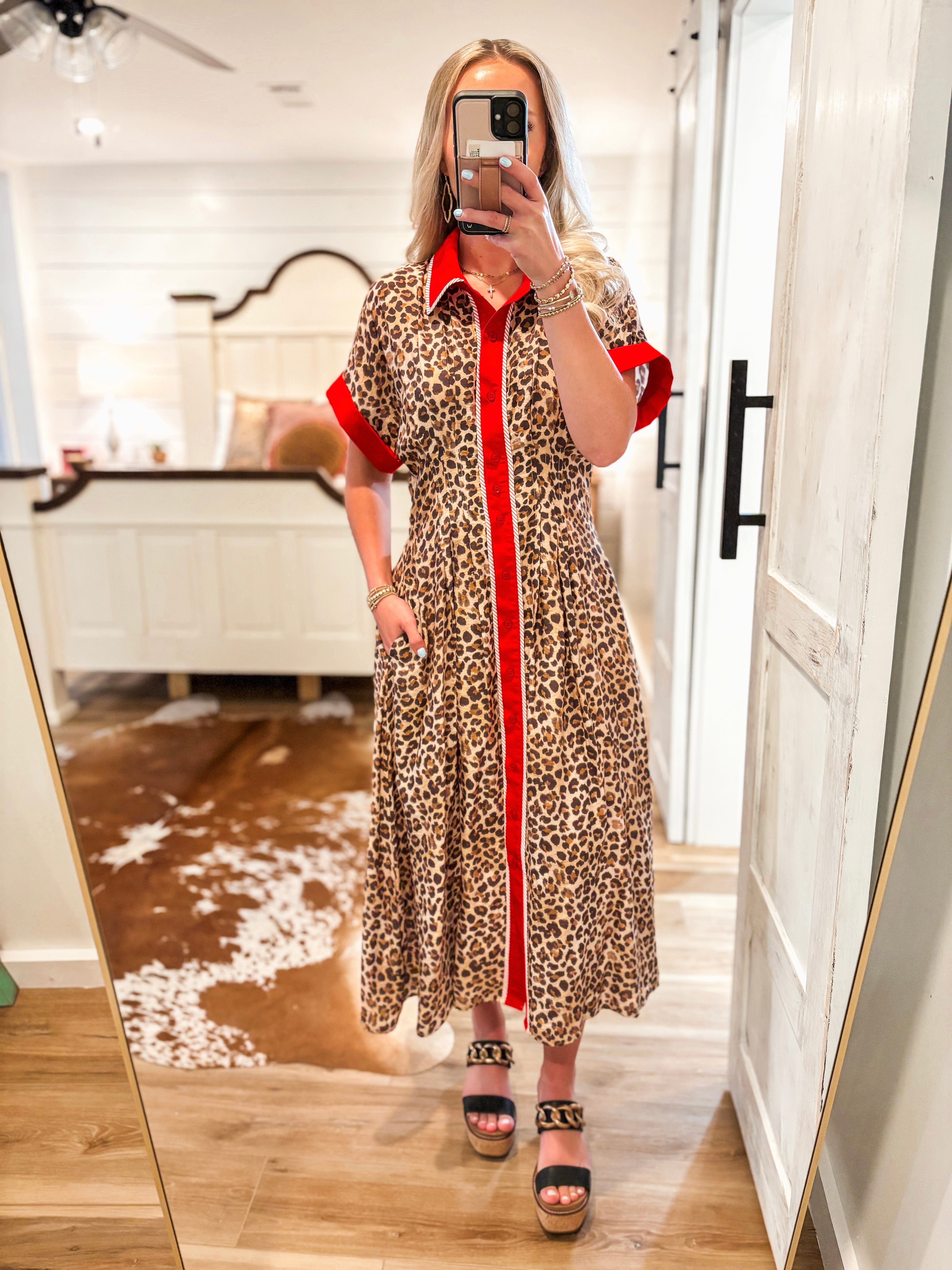 Walk Out Red Contrast Leopard Midi Dress